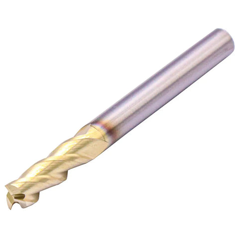 Workhorse High Performance Solid Carbide Square End Mill For Aluminum And Copper ZrN Coated 37 Degree Helix Three Flute Cutting Diameter Three Sixteenth Inch Shank Diameter Three Sixteenth Inch Length Of Cut Five Eighths Inch Overall Length Two Inches, showing side view with three flutes and ZrN coating.