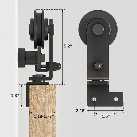 Close-up of 72 Inch Bi Fold Barn Door Hardware Kit For Four Doors With Top Mount Hangers showing dimensions on sliding system.