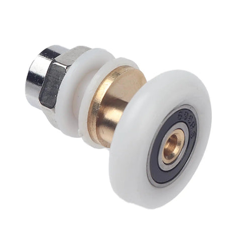 Score These Bad Boy Shower Door Rollers Replacement Kit, smooth white pulley with brass shaft and bearings for sliding glass doors.