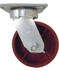 Heavy Duty Swivel Caster With Rugged Ductile Steel Wheel Kingpinless Setup Supports 1500 Pounds with red wheel.