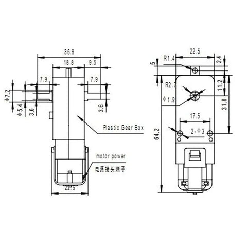 Technical diagram of Four Pack DC Gearbox Motors With One To Forty Eight Gear Ratio, 3 To 6 Volts TT Motors