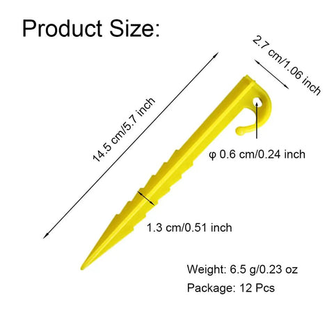 12 Pack 5.9 Inch Plastic Tent Stakes With Serrated Edges Yellow Durable Lightweight ABS Plastic Best For Camping