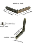 Six Pack Zinc Alloy Hinges For Jewelry Boxes And Tiny Chests In Gold, 90 degree wood box hinges with dimensions and screws visible.