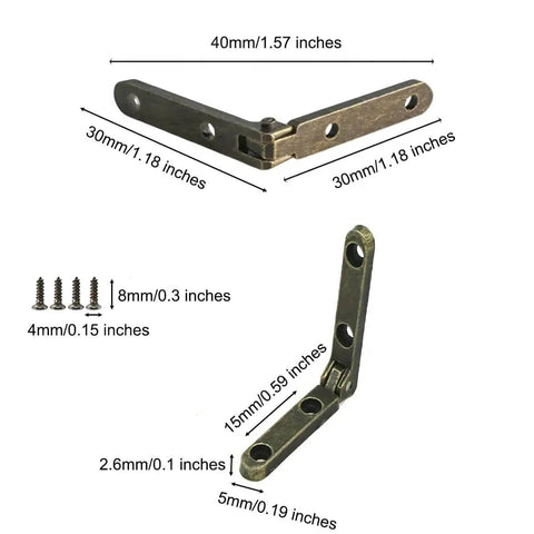 Six Pack Zinc Alloy Hinges For Jewelry Boxes And Tiny Chests In Gold, 90 degree wood box hinges with dimensions and screws visible.