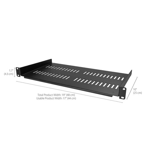 Heavy Duty 1U Server Rack Shelf With Vented Mounting Tray For 19 Inch Equipment Cabinets, 19" width, black steel design.