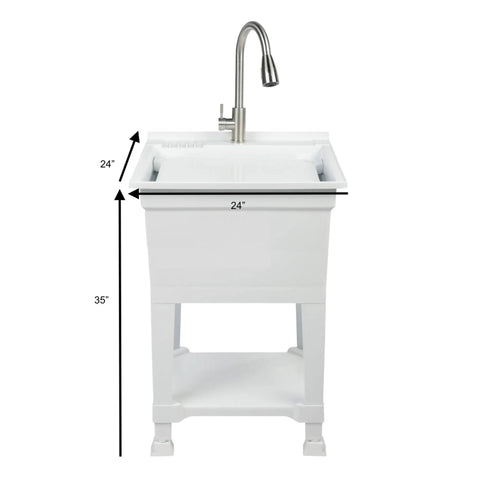 Front view of Freestanding Utility Tub Sink With Quick Connect Drain 24x24 White Portable Compact Sink with Stainless Steel Pullout Faucet.