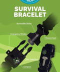Survival Paracord Bracelet With Built In Compass And Fire Starter Kit showing compass and whistle details on green background