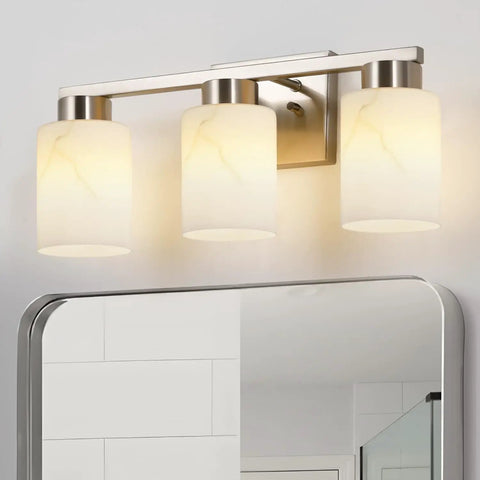 Heavy Duty 3 Light Bathroom Vanity Lights Brushed Nickel Wall Sconce with striking white marble glass shade above a mirror.