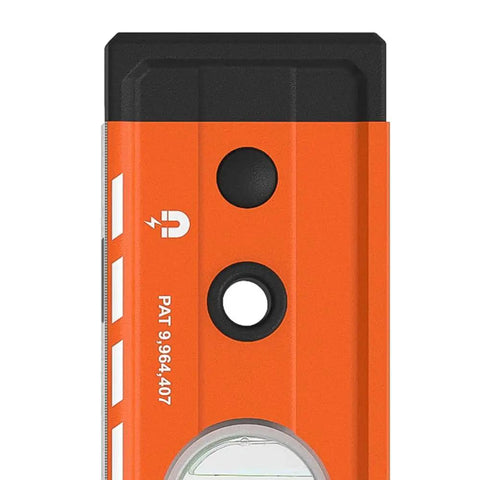 Dead Nuts Accurate 24 Inch Box Level With Lockdown Magnetic Base And Three High Vis Orange Vials top view showing orange housing and vials.