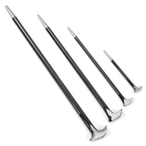 Rolling Head Heel Pry Bar Set, Four Piece Automotive Prying Tool Kit With 6 12 16 20 Inch Lengths, Black Finish, Dual Ends For Leverage And Alignment