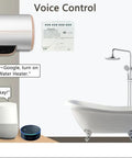 Voice control of a water heater using 4 Channel 85-250V DC Tuya WiFi Smart Temperature And Humidity Relay Switch for home automation.