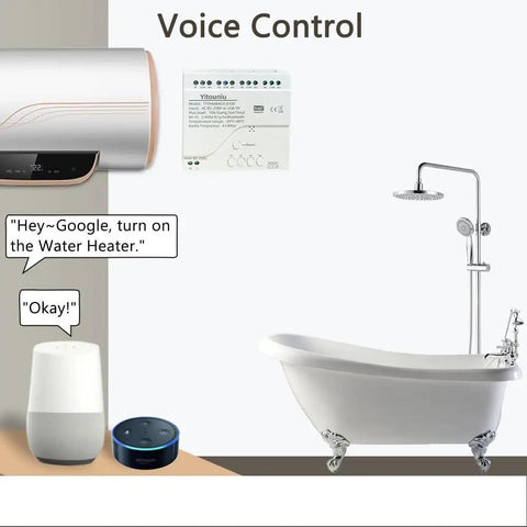 Voice control of a water heater using 4 Channel 85-250V DC Tuya WiFi Smart Temperature And Humidity Relay Switch for home automation.