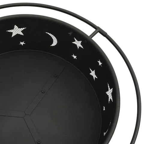 Close-up of Outdoor Wood Burning Fire Pit For Patio And Garden, Portable Bonfire Pit with mesh star and moon pattern, durable steel body.