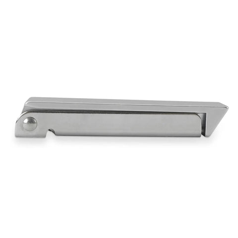 Side view of a stainless steel door catch from the Five Pack RV Stainless Steel Baggage Door Catch Square Holds Baggage Compartments Open With Mounting Screws Included Great For RV Doors And Compartments