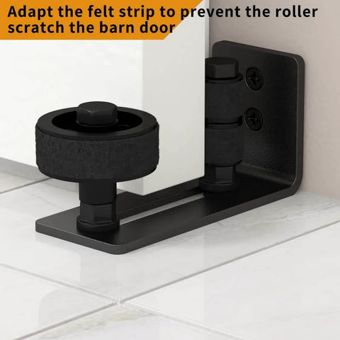 Sliding Barn Door Floor Guide 2 Pack For Bottom, 8 Setup Options, Adjustable Stay Roller shown installed on floor, matte black carbon steel.