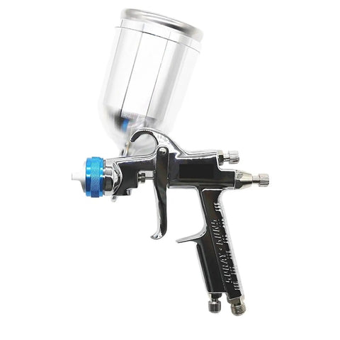 Heavy Duty Air Spray Gun With Slick Quick Connect Wash Free Tanks 600CC Mixing Reservoir And 400CC Paint Cup showing 1.4MM precision nozzle.