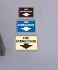 Three fire extinguisher signs in different colors mounted on a wall; classic framed design in brushed gold, small size, no tools needed.