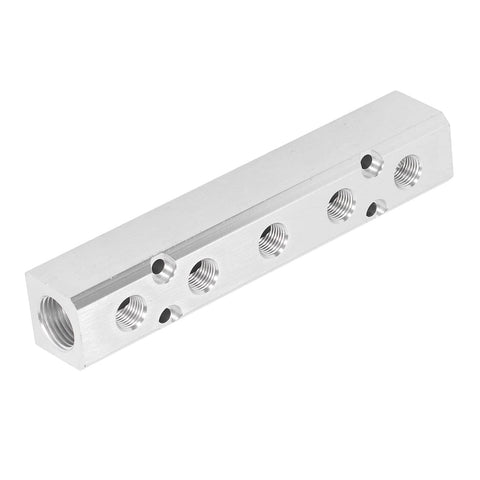 Aluminum Compressed Air Manifold Block High Pressure Proof Pneumatic Splitter With Fast Connector For Compressors Pumps And Machines 0 To 0.9 MPa Working 1.0 MPa Proof No Hassle Install Leak Free, silver block with multiple threaded ports visible.