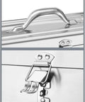 Sturdy Portable Stainless Steel Tool Box With Metal Latch, On-The-Go Storage Case lid handle and latch detail.