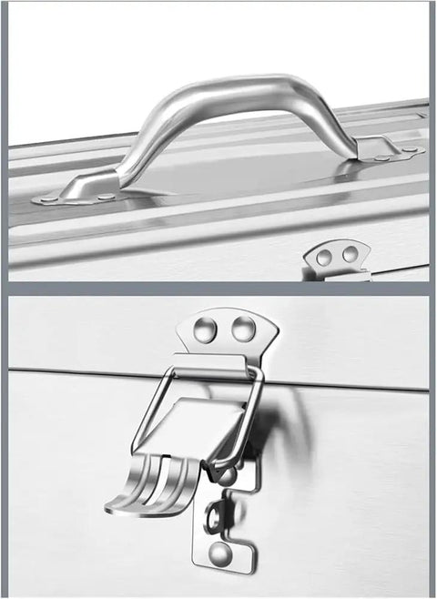 Sturdy Portable Stainless Steel Tool Box With Metal Latch, On-The-Go Storage Case lid handle and latch detail.