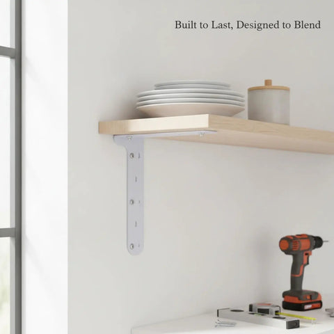 Beefy L Shaped Wall Mount Bracket For Floating Shelves And Cabinets White Q235 Steel Shelf Support in a kitchen setting