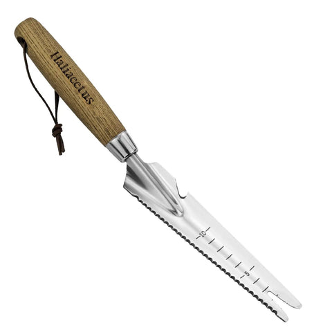 5 In 1 Garden Weed Trowel With Serrated Edges And Measuring Scale Stainless Steel Multi Tool With Wooden Handle