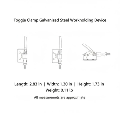 Built Like A Tank Galvanized Steel Toggle Clamp With Bright Red Handle For Welding Fixtures And Woodworking Jigs Clamping Pieces Fast With No Sweat Grip During Any Build Project, shown from multiple angles with dimensions.