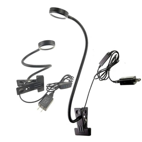 Two Pack USB Clamp Desk Lamp With 3 Color Temperatures 3000K 4500K 6000K 10 Level Dimming 48cm Gooseneck C Clip For Sewing Machine Office Bedroom For Home And Studio Use shown with gooseneck and power adapter.
