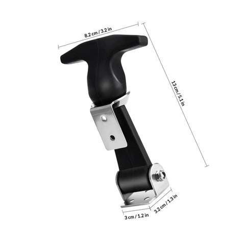 Two Pack Stainless Steel T Handle Latches With Rubber Padding close-up showing flexible draw latch and dimensions.