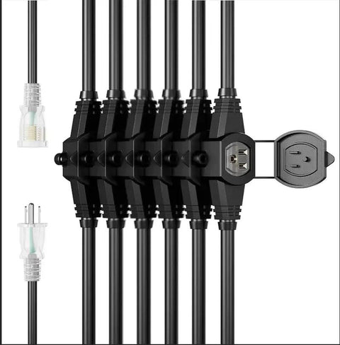 25 Foot 12 Gauge Heavy Duty Multi Outlet Outdoor Extension Cord Featuring Seven Weatherproof Outlets And Led Indicator, close-up on outlets and plugs.