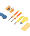 Watch Back Removal Repair Kit with adjustable holder, case opener, plastic pins, aluminum alloy and ABS tools for battery replacement.