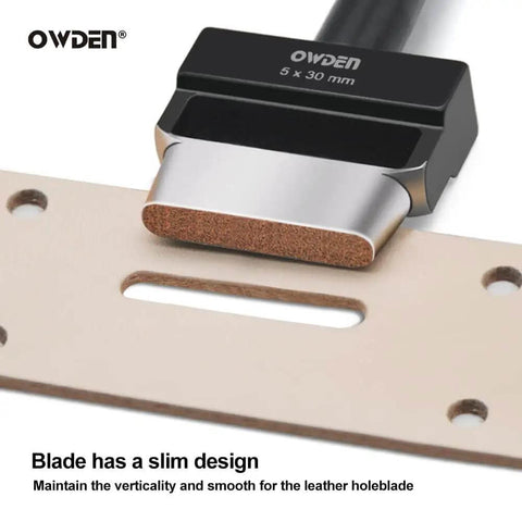 Oblong Leather Hole Punch Set With 19 Sizes And Nylon Pad, showing close-up of 5x30 mm punch creating a precise hole in leather