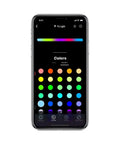 Smartphone displaying control app for Z TV LED Light Strip Multicolor Kit With Wi Fi Control No Hub Needed 3 Ft 3 In Strip Plus Controller And Power Supply Extendable Up To 32.8 Ft 700 Lumens Per Strip Works With Alexa And Free App For Dope TV Back Ambience with color selection interface.