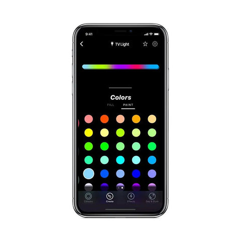 Smartphone displaying control app for Z TV LED Light Strip Multicolor Kit With Wi Fi Control No Hub Needed 3 Ft 3 In Strip Plus Controller And Power Supply Extendable Up To 32.8 Ft 700 Lumens Per Strip Works With Alexa And Free App For Dope TV Back Ambience with color selection interface.