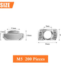 Two Hundred M5 T Slot Nuts For 2020 Aluminum Profile Extrusion, dimensions showing nickel plated carbon steel construction.
