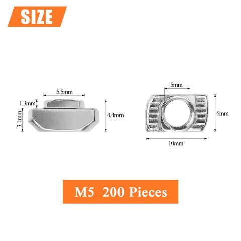Two Hundred M5 T Slot Nuts For 2020 Aluminum Profile Extrusion, dimensions showing nickel plated carbon steel construction.