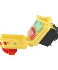 Rock Solid Five Pin Electromagnetic Pushbutton Switch 250V IP54 Waterproof with safety stop, red and green buttons visible.