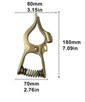 300 Amp T Style Brass Welding Ground Clamp For Rock Solid Grounding And Large Cable Connections 7 Inch Long With One And Three Quarter Inch Jaw Opening Durable Brass Construction Golden Finish, showing dimensions.
