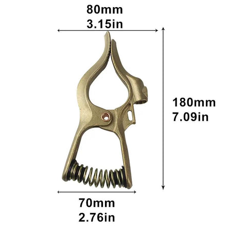 300 Amp T Style Brass Welding Ground Clamp For Rock Solid Grounding And Large Cable Connections 7 Inch Long With One And Three Quarter Inch Jaw Opening Durable Brass Construction Golden Finish, showing dimensions.