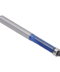 Heavy Duty Flush Trim Router Bit With Carbide Cutter And Top Bearing Guide For Smooth Woodworking Trimming And Chamfering Tasks Using 1/4 Inch Shank Tool, showing a close-up of the bit with blue detail.