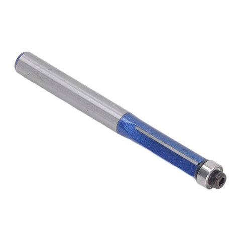 Heavy Duty Flush Trim Router Bit With Carbide Cutter And Top Bearing Guide For Smooth Woodworking Trimming And Chamfering Tasks Using 1/4 Inch Shank Tool, showing a close-up of the bit with blue detail.
