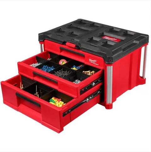 Heavy Duty Three Drawer Multi Deep Tool Organizer Box Featuring Lockable Safety Bar And Fifty Pound Workhorse Capacity For Hard Jobsites Smooth Metal Ball Rails Give You Dead On Rolling Action While Custom Dividers Keep Your Sweet Gear Neatly Sorted And
