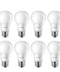 Eight A19 LED Non Dimmable Frosted Light Bulbs 800 Lumens 5000 Kelvin Daylight 8 Watt 60 Watt Equivalent E26 Base displayed.