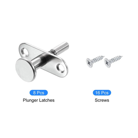 8-Pack Heavy Duty Steel Plunger Latches with 16 mounting screws for toolboxes and cabinets, featuring spring activated mechanism.