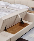 Open storage compartment showing two pieces 80 degree foldable lift bracket with black spring hinge for sofa lifters and furniture storage hinges.