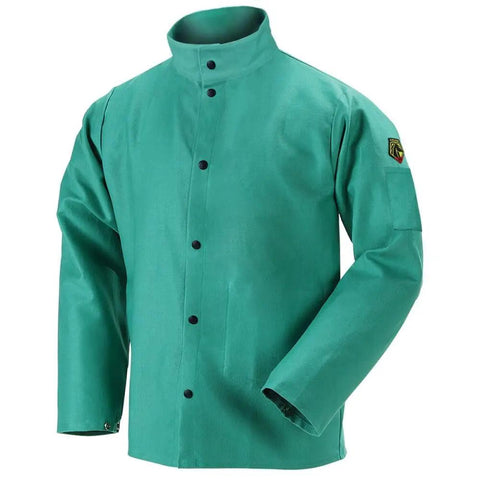Flame Resistant 9 Oz Cotton Welding Jacket With Stand-Up Welder's Collar Leather Reinforced Snaps Scribe Pockets Green X Large