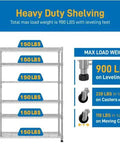 Weight capacity graphic for Rock Solid Six Tier Wire Shelving Rack With Wheels showing max loads for leveling feet and casters.