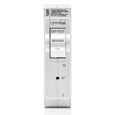 15 Amp One Pole Plug On AFCI Breaker Thermal Magnetic 120 Volt LB115 AFT White Arc Fault Protection For Home Circuits Easy Load Center Wiring Built For Modern Homes With Reset Lockout Technology And Reliable Arc Fault Safety. White 15A single-pole breaker front view