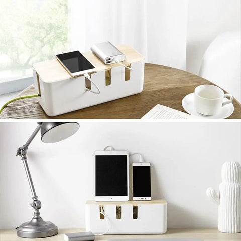 Cable Management Box With Wood Lid For Desk TV And Computer Cords Keep Power Strips And Cables Hidden Neat And Safe on table