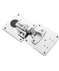 Close-up of stainless steel hinge from a 8 Piece Hinge Repair Plate Kit In Brushed Stainless Steel For Cabinets With Mounting Screws And Bracket Set Durable Cabinet Hinge Fixers Zinc Alloy Door Stop Satin Nickel Magnetic Floor Stop 2 Pack